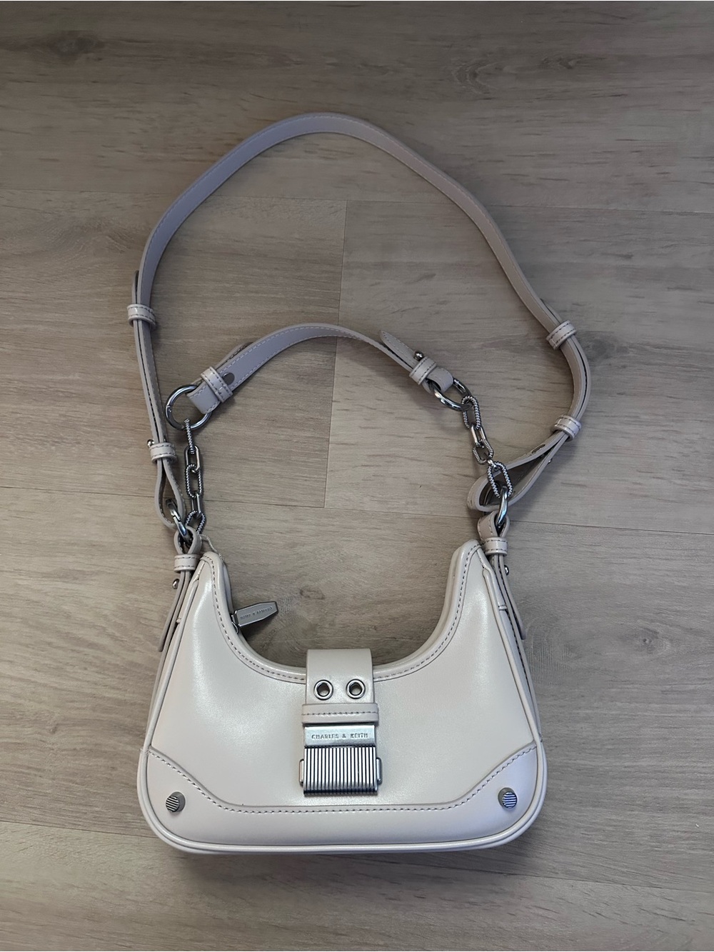 Charles & Keith Pale Cream Leather Shoulder Bag with Silver Hardware (BRAND NEW)